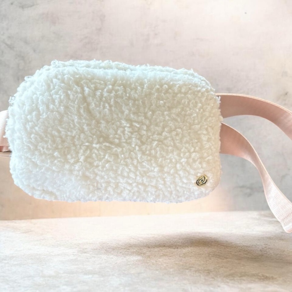 White Fuzzy Crossbody Bag 7.5 inches wide by 5 inches tall